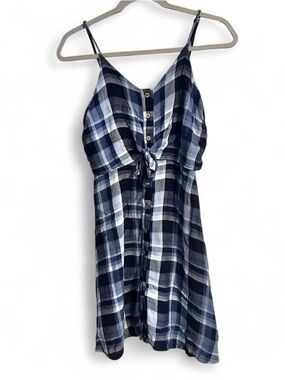Universal Thread Blue Plaid Button-Front Summer Dress With Tie Cottagecore
